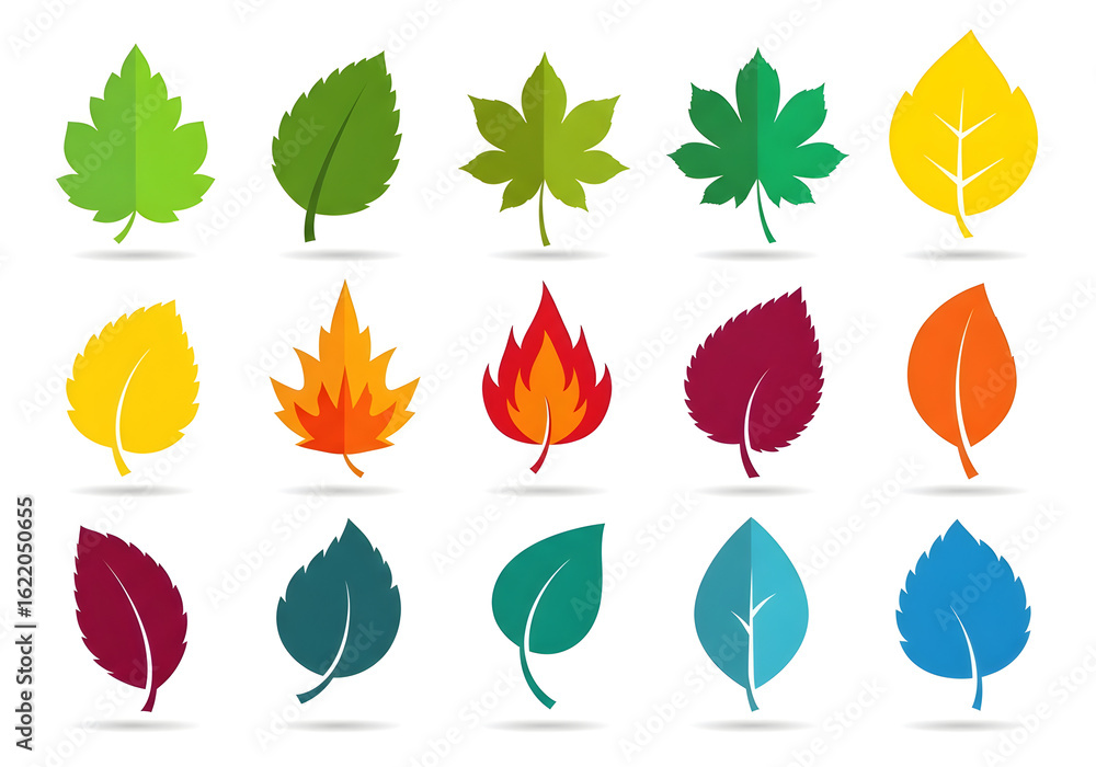 Obraz premium A vibrant collection of colorful leaves in various shapes and hues, perfect for nature, autumn, or seasonal designs. Vector illustration set.