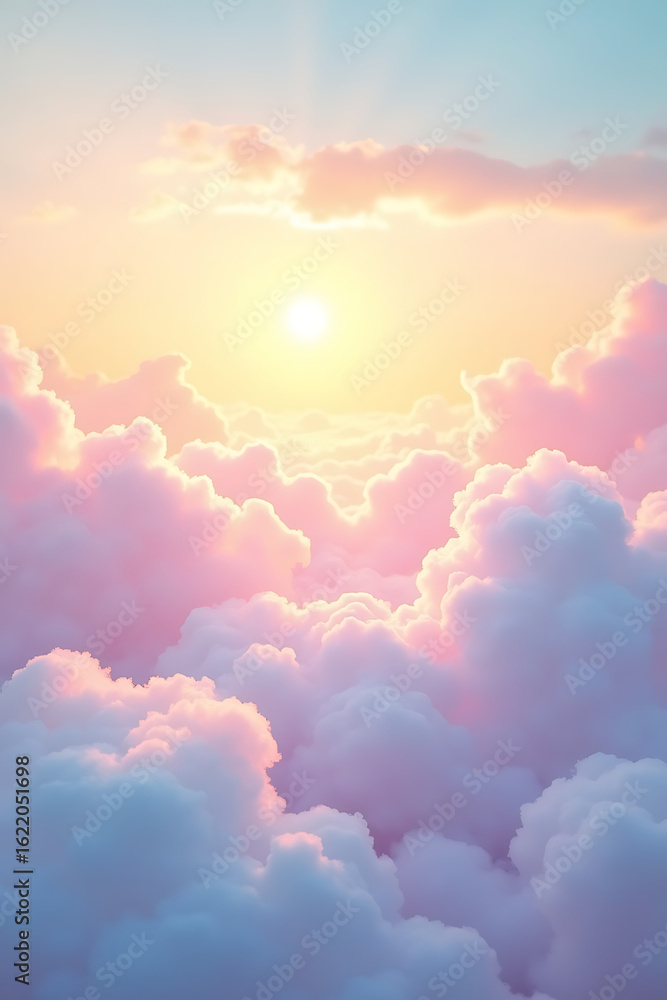 Fototapeta premium Pastel-colored clouds illuminated by the sun's radiant, golden light.