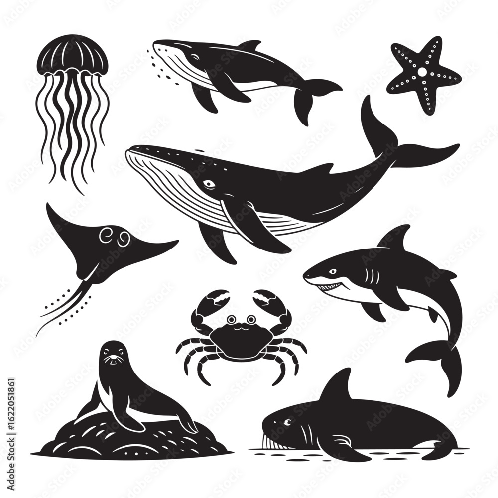 Obraz premium Monochrome Silhouette Collection of Ocean Animals including Whales Sharks Jellyfish Starfish Crabs and Seal