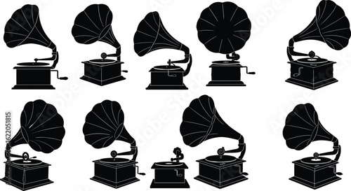 Vintage gramophone silhouette set – retro phonograph icons for music history design, antique decor, steampunk art, and audio nostalgia.