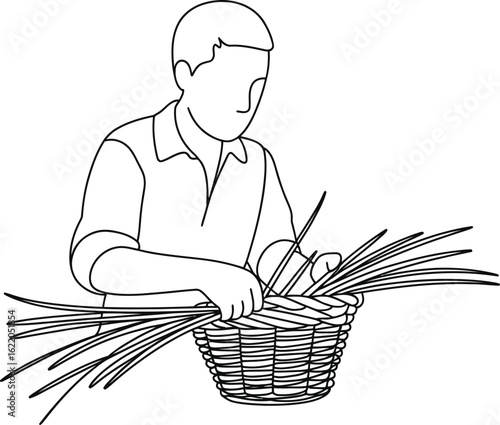 Person weaving a basket with natural materials in a line drawing style