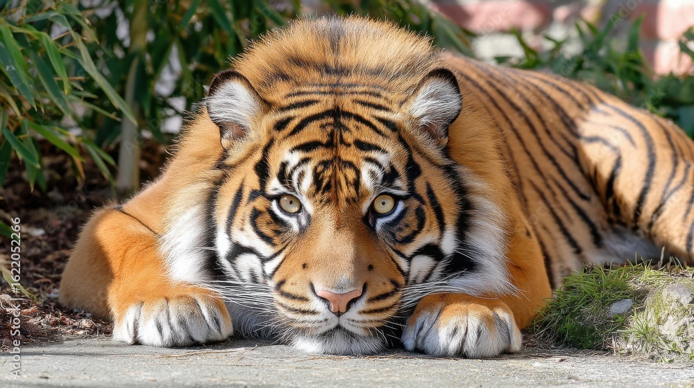 Obraz premium A tiger resting on the ground in a natural habitat with lush greenery in the background