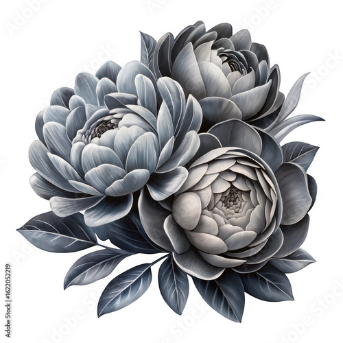 Elegant monochrome peonies bouquet isolated on transparent background