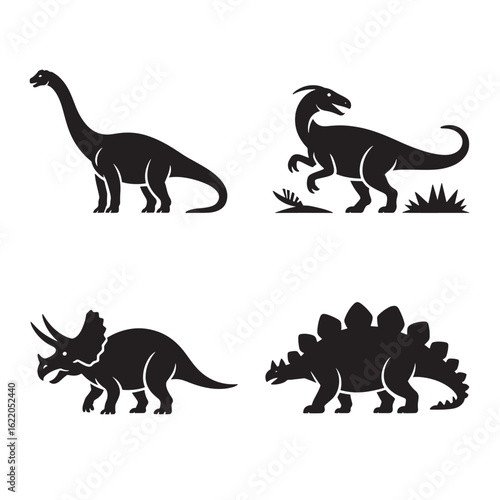 Four different dinosaur species silhouettes including Brachiosaurus Parasaurolophus Triceratops and Stegosaurus set on a white background