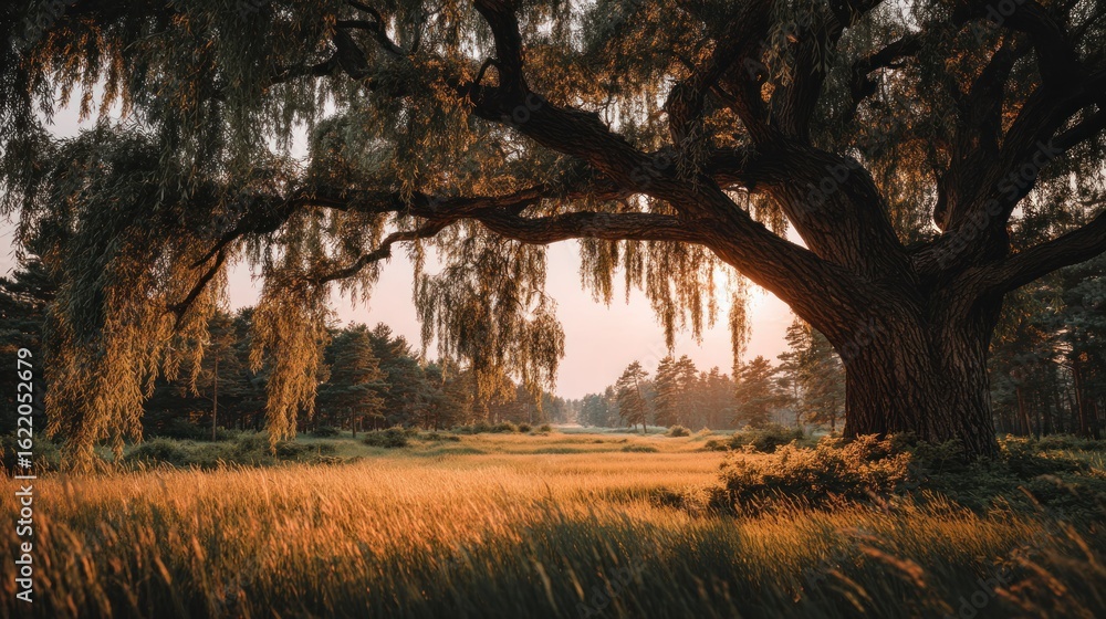Fototapeta premium Golden hour bathed field under a large tree