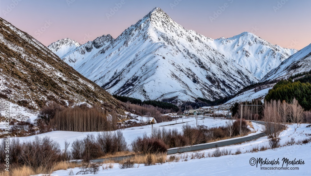 Snowy mountain range at dawn. Valley road winds through frosted landscape Snowy mountain range at dawn. Valley road winds through frosted landscape