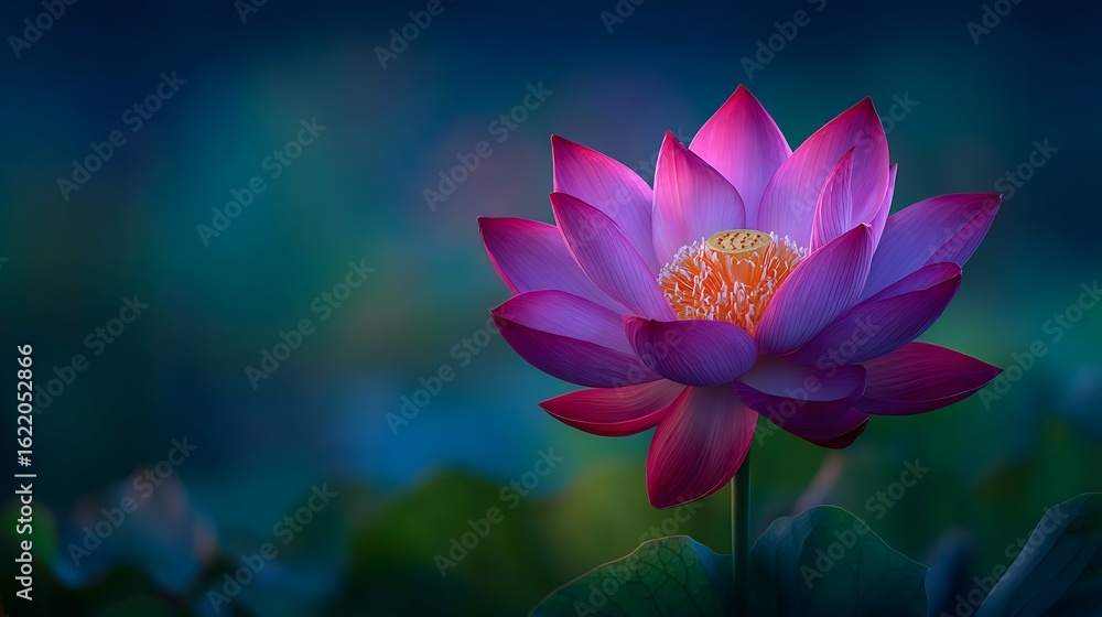 Obraz premium Vibrant Pink Lotus Flower Blooming in Tranquil Pond with Teal Bokeh Background.