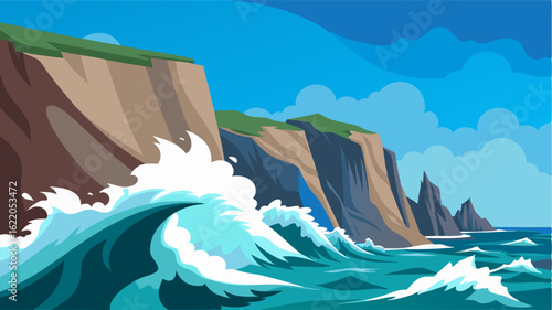 The crashing waves below echo against the steep cliffs their powerful force evident against the unyielding rocks.