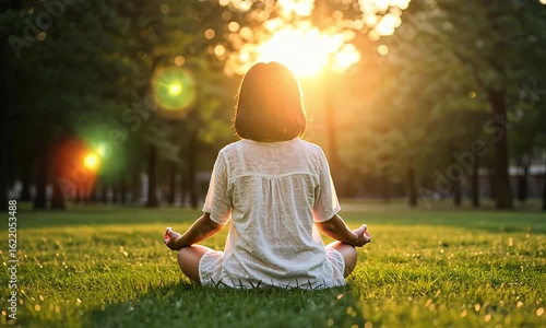 Woman meditates in a sunlit park, serene and peaceful