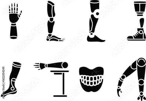 Collection of prosthetic limbs and artificial body parts in silhouette