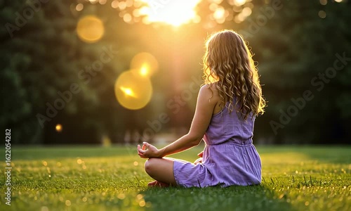 Woman meditates in a sunlit park, sitting cross-legged on grass, facing away from the camera
