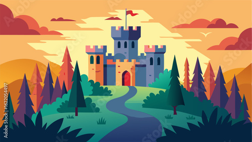 The castles towering keep casts a shadow over the vibrant gardens below giving the grounds an air of mystery and medieval charm. The ancient walls are adorned with crests and flags