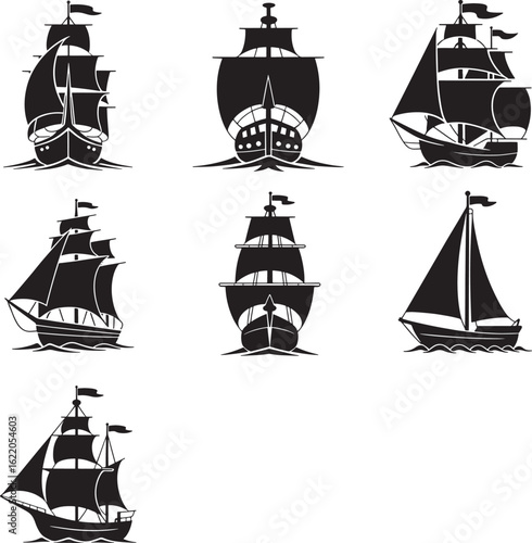 Collection of black and white ship vector illustrations showcasing various sailing vessels on the sea great for maritime and historical themes