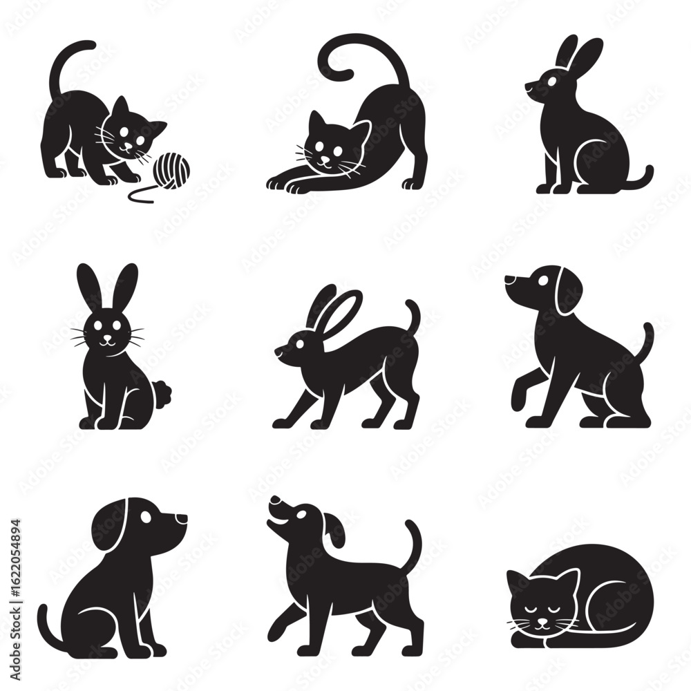 Obraz premium Collection of Black Animal Silhouettes including Cats Dogs and Rabbits Set Against a White Background