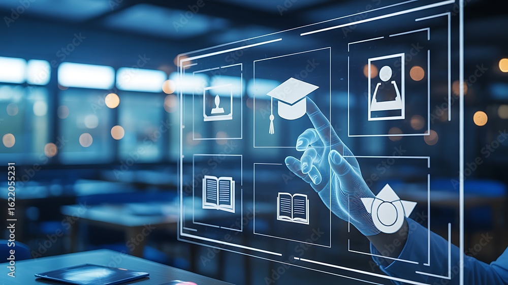 Obraz premium Innovative education technology digital learning platform showcasing interactive virtual interface and hand interaction in a modern environment for enhanced user experience