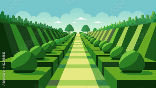 Rows of neatly manicured hedges lining the edges of the green hinting at a sense of order and tradition.