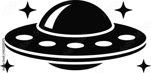 Retro flying saucer with stars in a simple black and white graphic style