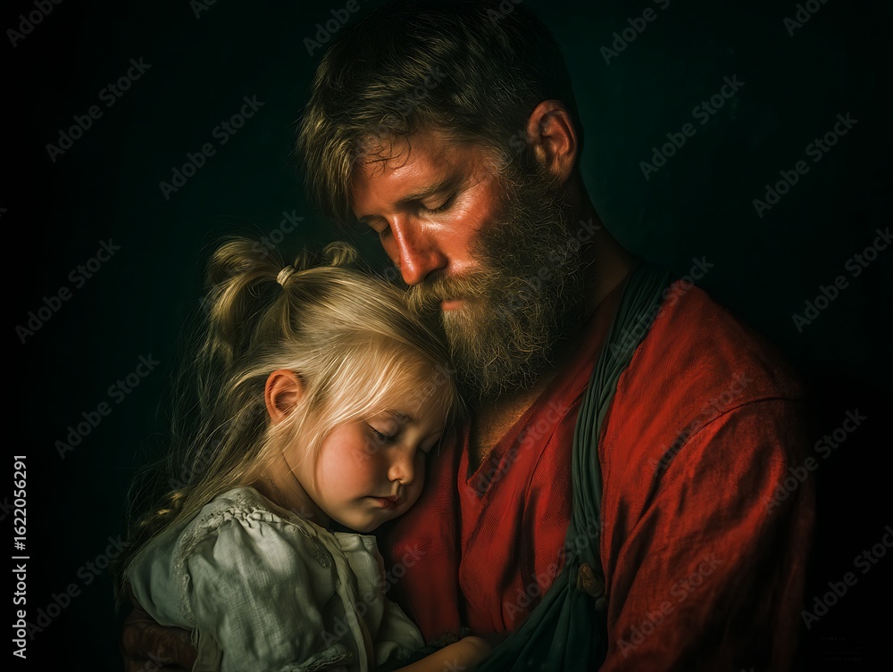 Fototapeta premium Father hugging sleeping daughter with tender moment, love, care, family, connection, and dark background.