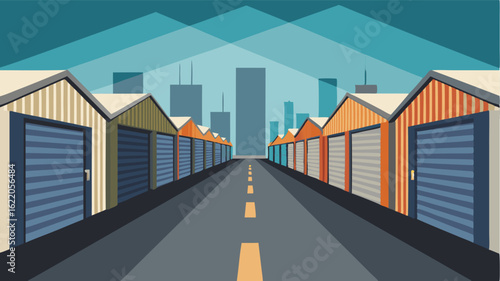 Rows of warehouses line the streets their corrugated metal facades creating a dull repetitive pattern.