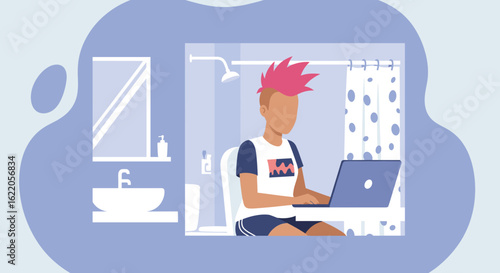 Person with pink mohawk working on laptop in bathroom, illustration for blog or website.