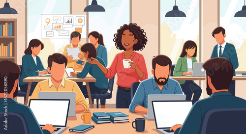 Diverse team of coworkers collaborating in a modern office, perfect for website banners or business presentations.
