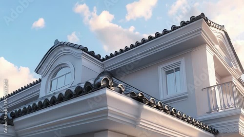 Wallpaper Mural White luxury house with dormer and balcony showing clay roof tiles under cloudy sky Torontodigital.ca