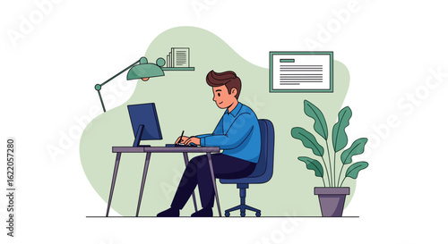 Illustration of a man working on a computer at his desk, perfect for websites, blogs, or presentations about remote work, freelancing, or design.