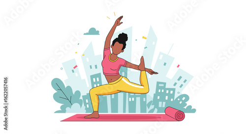 Black woman practicing yoga in the city: perfect for fitness websites, blogs, or wellness brochures.