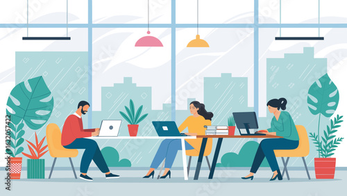 Diverse team collaborating in a modern office, perfect for illustrating teamwork and productivity on your website or company brochure.