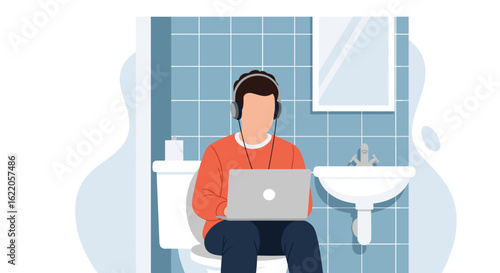Man working on laptop in a bathroom, perfect for illustrating remote work challenges or humor.