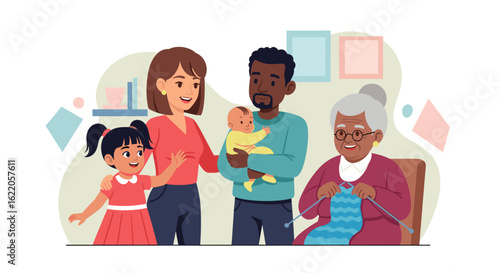 Happy multigenerational family illustration, perfect for websites, brochures, and family-themed projects.