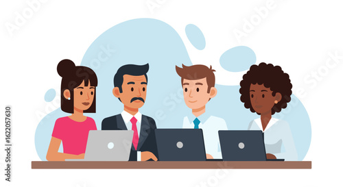 Diverse team of professionals working together on laptops, ideal for website banners, presentations, and marketing materials.