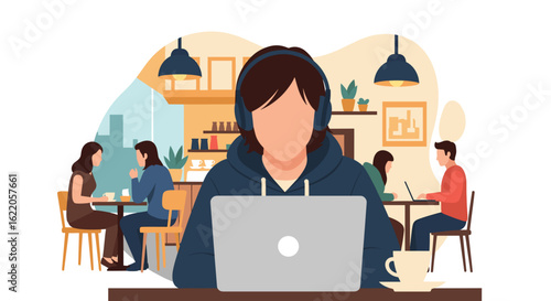 Person working on laptop in a cafe, ideal for illustrating remote work, coworking spaces, or freelance lifestyle.