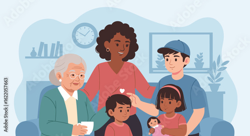 Happy multigenerational family portrait illustration, perfect for family blogs, websites, and brochures.