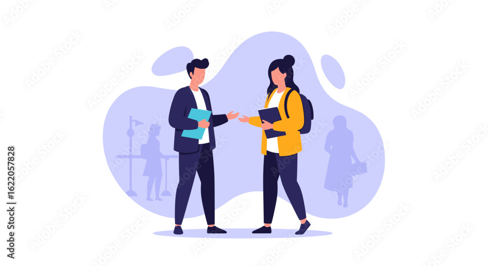 Obraz premium Two young professionals having a discussion, ideal for websites, presentations, and brochures related to business, education, or teamwork.