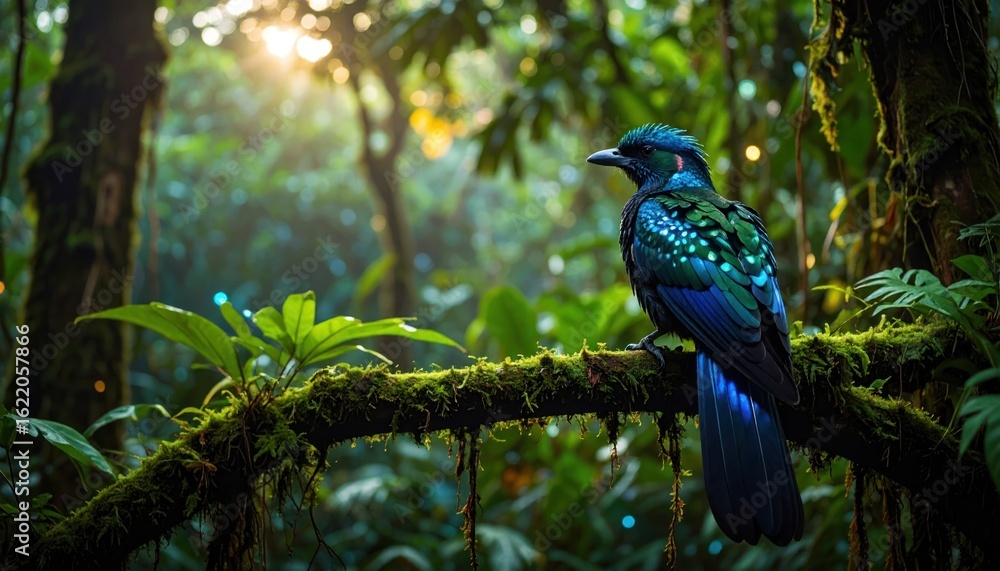 Obraz premium Exotic bird perched on a branch in lush rainforest.