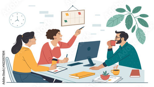 Teamwork and collaboration: Diverse colleagues brainstorming ideas around a table, perfect for a company website or presentation.