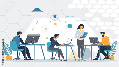 Team of diverse professionals collaborating in a modern, tech-focused office. Ideal for websites, brochures, and presentations.