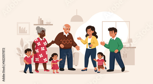 Happy multigenerational family gathering at home, perfect for family, togetherness, and generational themes.