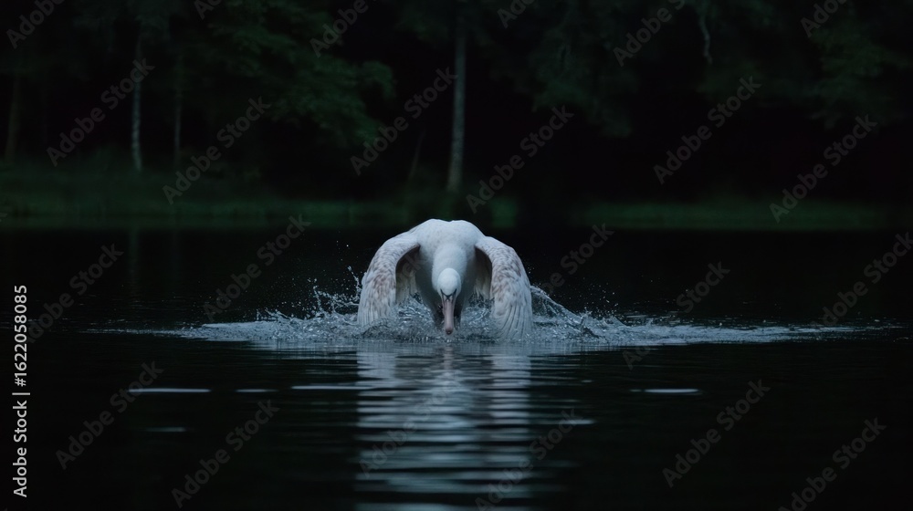 Naklejka premium Mute Swan Landing on Dark Lake Surface, Wings Spread