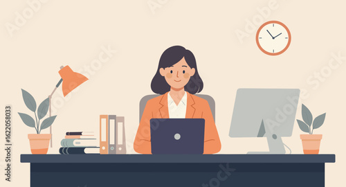 Happy businesswoman working on laptop at her desk, perfect for websites and presentations about business success.