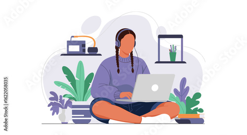 Young woman working from home on laptop, illustration for blog, website or social media.