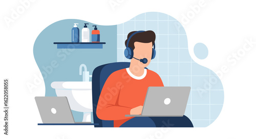 Man working from home on laptop in bathroom, perfect for remote work, telecommuting, and work-life balance concepts.