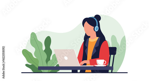 Young woman working on laptop, wearing headphones, perfect for website banners or blog posts about remote work.