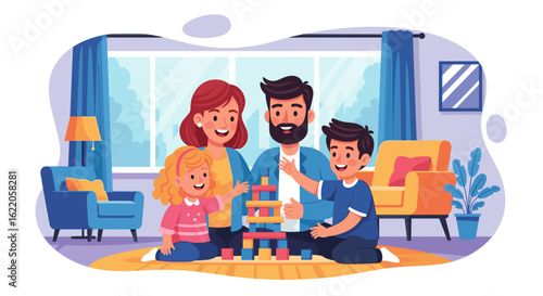 Happy family playing building blocks together at home - perfect for family blogs, parenting websites, or children's product advertising.