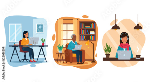 Diverse people working remotely from home; perfect for illustrating work from home, telecommuting, or remote work concepts.