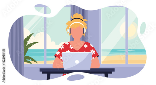 Woman working on laptop from home with ocean view - perfect for remote work, travel, or work-life balance concepts.