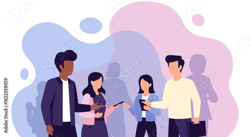 Diverse team collaborating on mobile devices, perfect for teamwork, technology, or business presentations.