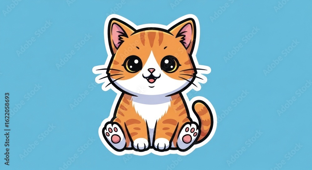 Obraz premium A cartoon kitten sits against a light blue backdrop with orange stripes white patches and black outlines