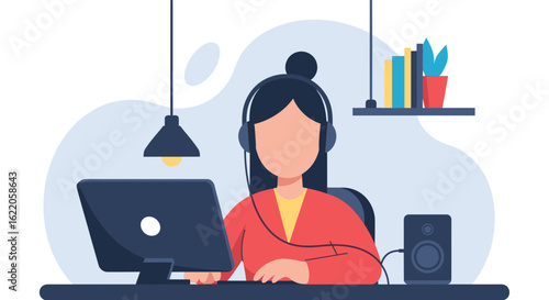 A young woman works from home, wearing headphones, using a desktop computer and speaker, in a minimalist and bright workspace.